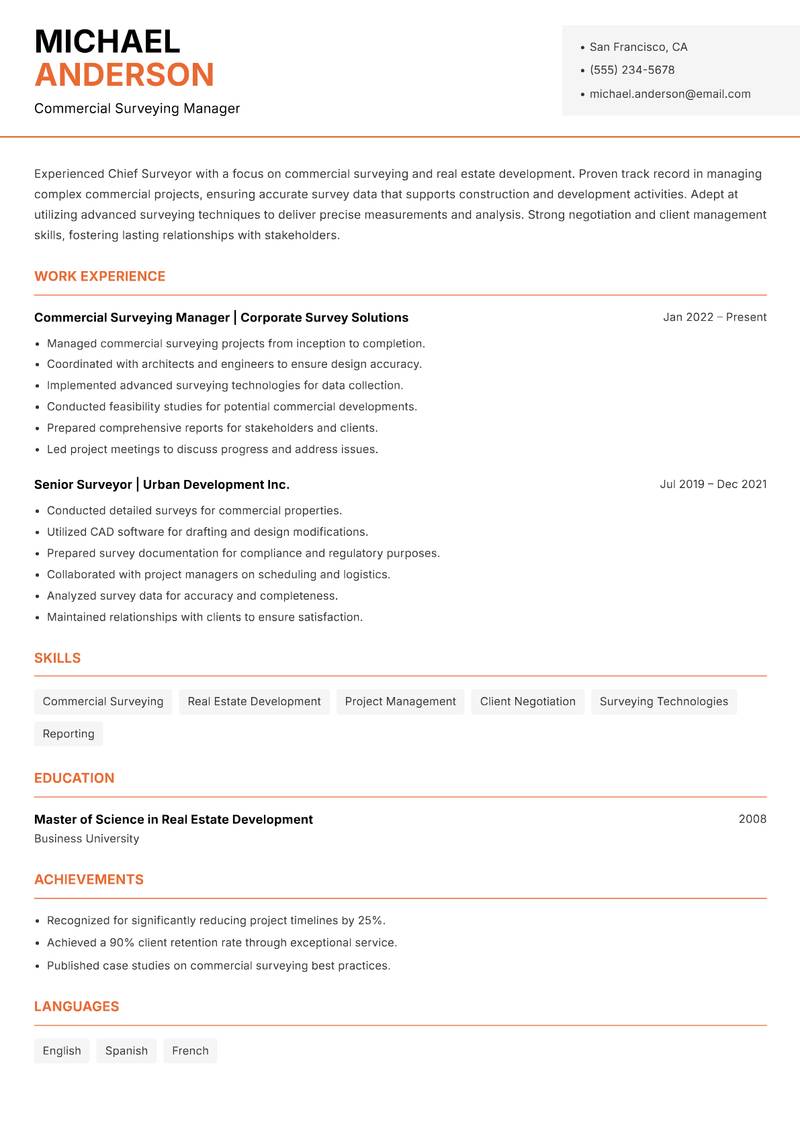 Chief Surveyor resume sample — Commercial Surveying Manager focus