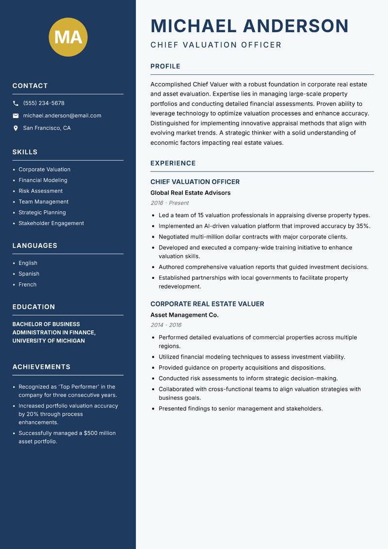 Chief Valuer resume sample — Chief Valuation Officer focus