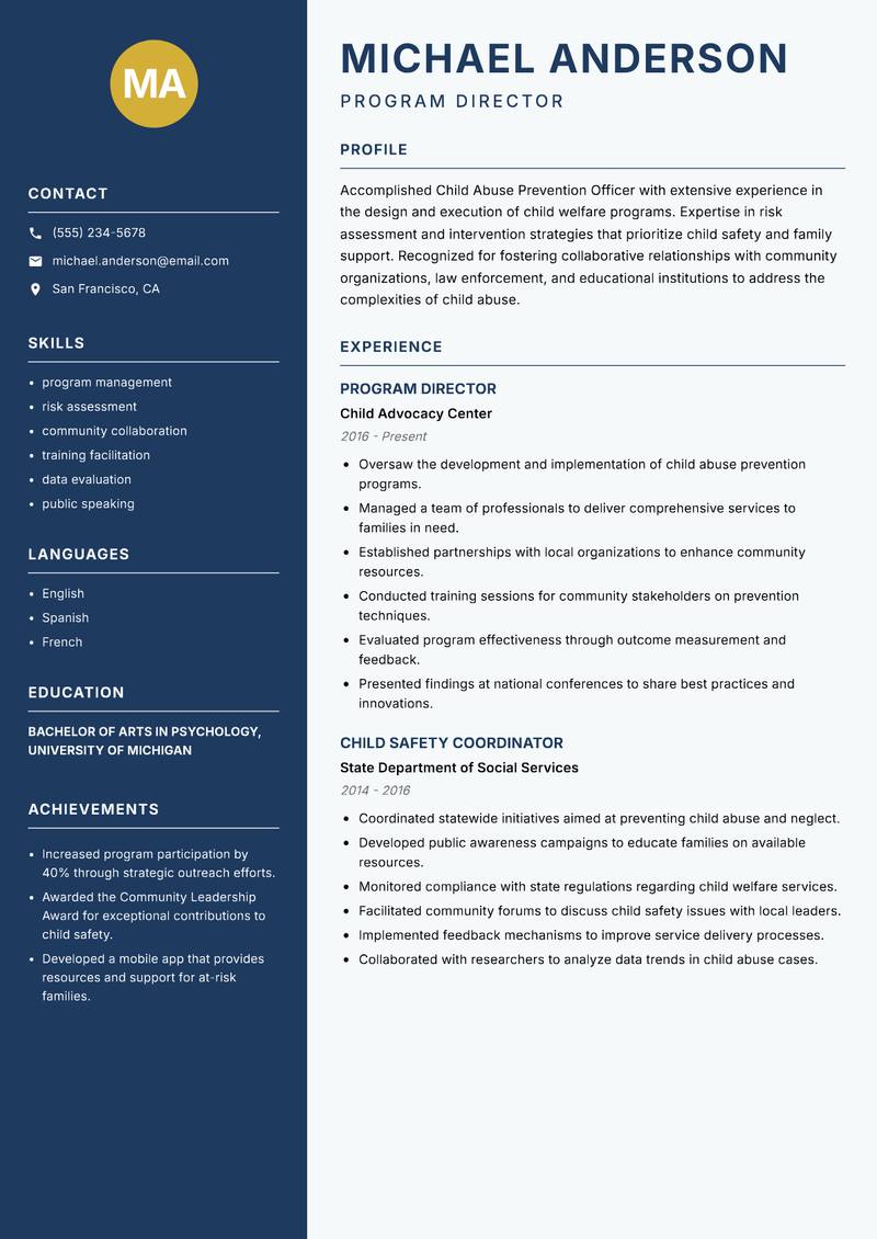 Child Abuse Prevention Officer resume sample — Program Director focus