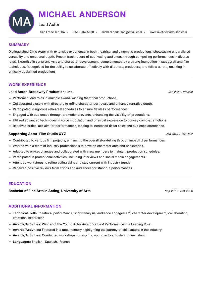 Child Actor resume example