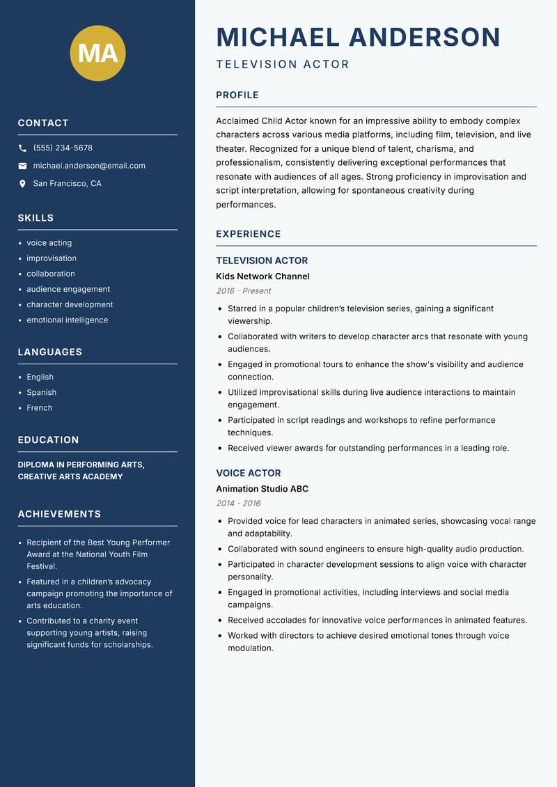 Child Actor resume sample — Television Actor focus