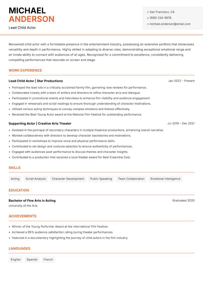 Child Actor resume sample — Lead Child Actor focus