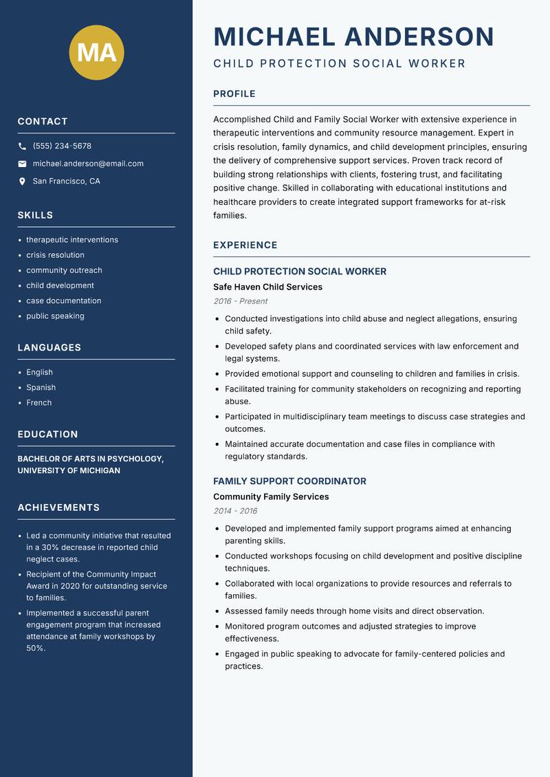 Child and Family Social Worker resume sample — Child Protection Social Worker focus