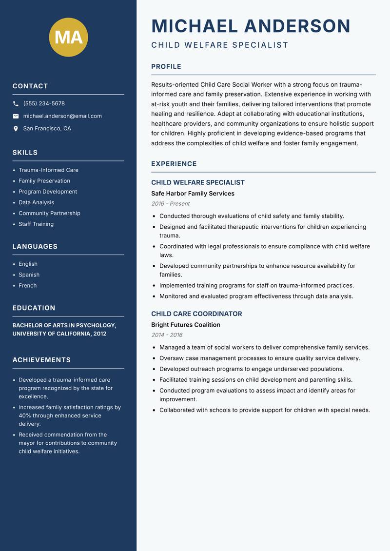 Child Care Social Worker resume sample — Child Welfare Specialist focus