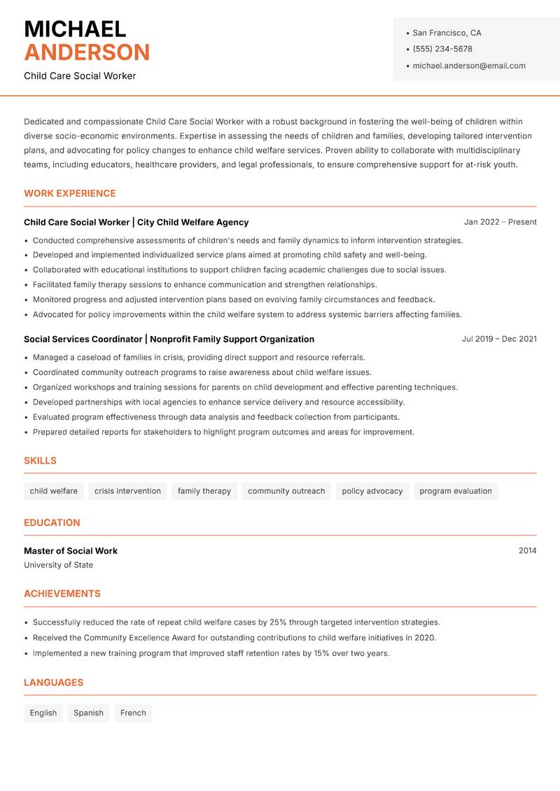 Child Care Social Worker resume sample — Child Care Social Worker focus