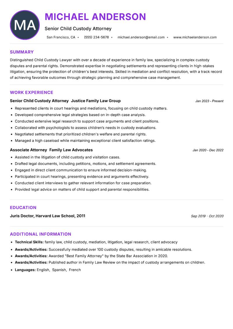 Child Custody Lawyer resume example