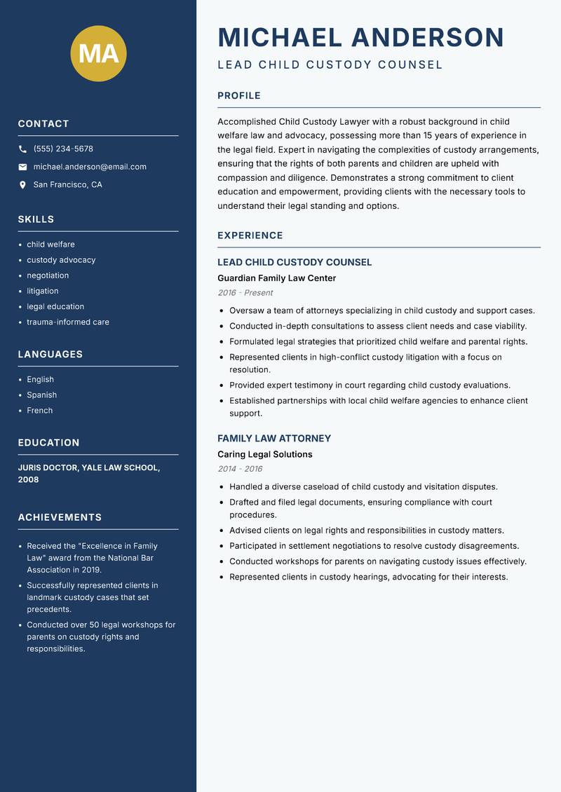 Child Custody Lawyer resume sample — Lead Child Custody Counsel focus