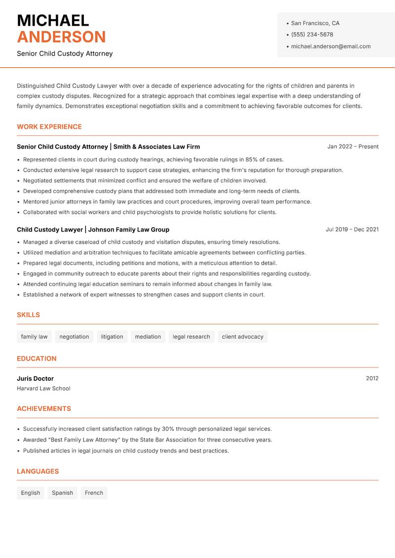 Child Custody Lawyer resume sample — Senior Child Custody Attorney focus