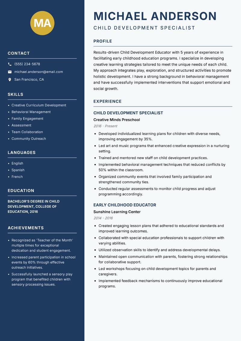 Child Development Educator resume sample — Child Development Specialist focus