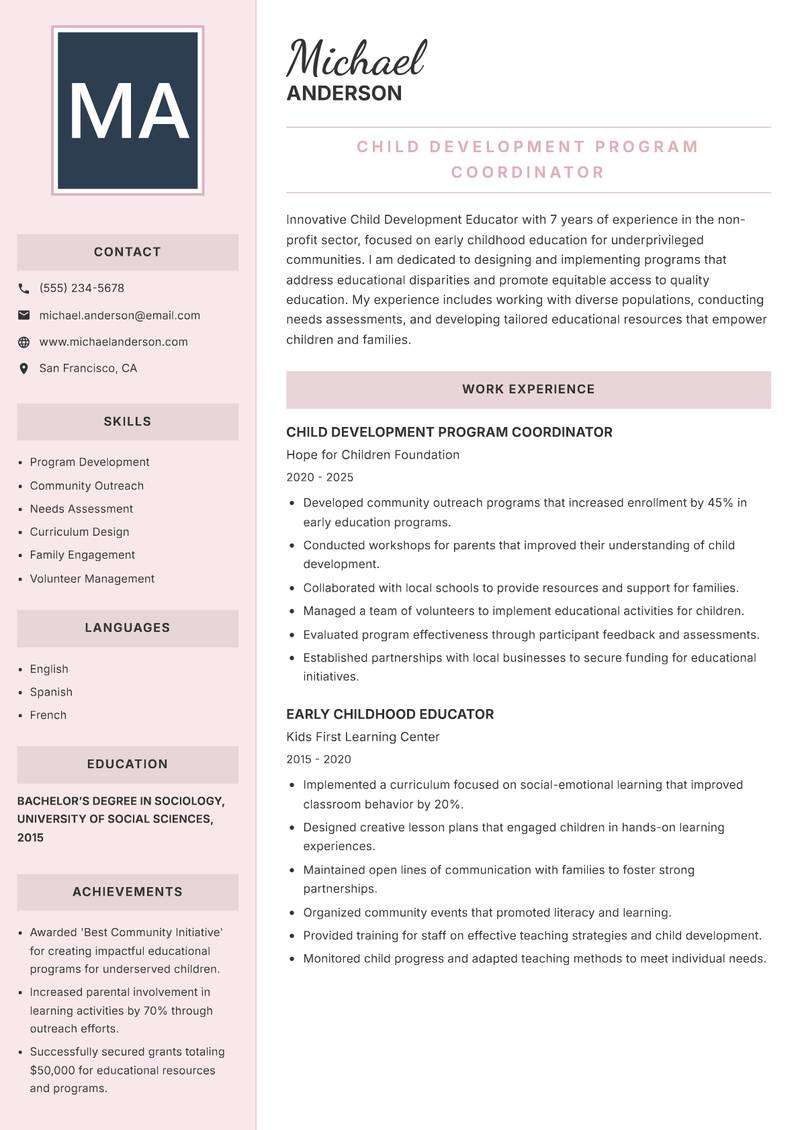 Child Development Educator resume sample — Child Development Program Coordinator focus