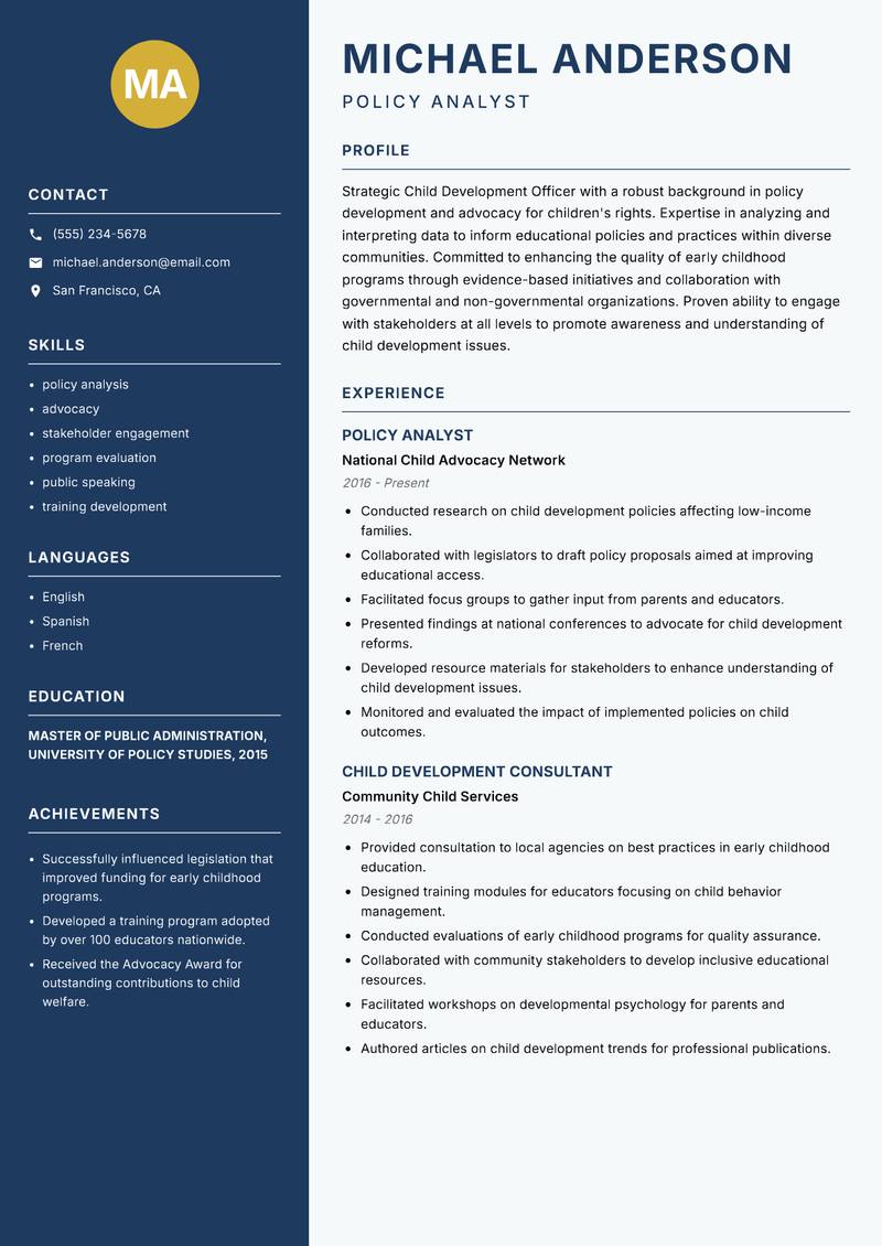 Child Development Officer resume sample — Policy Analyst focus