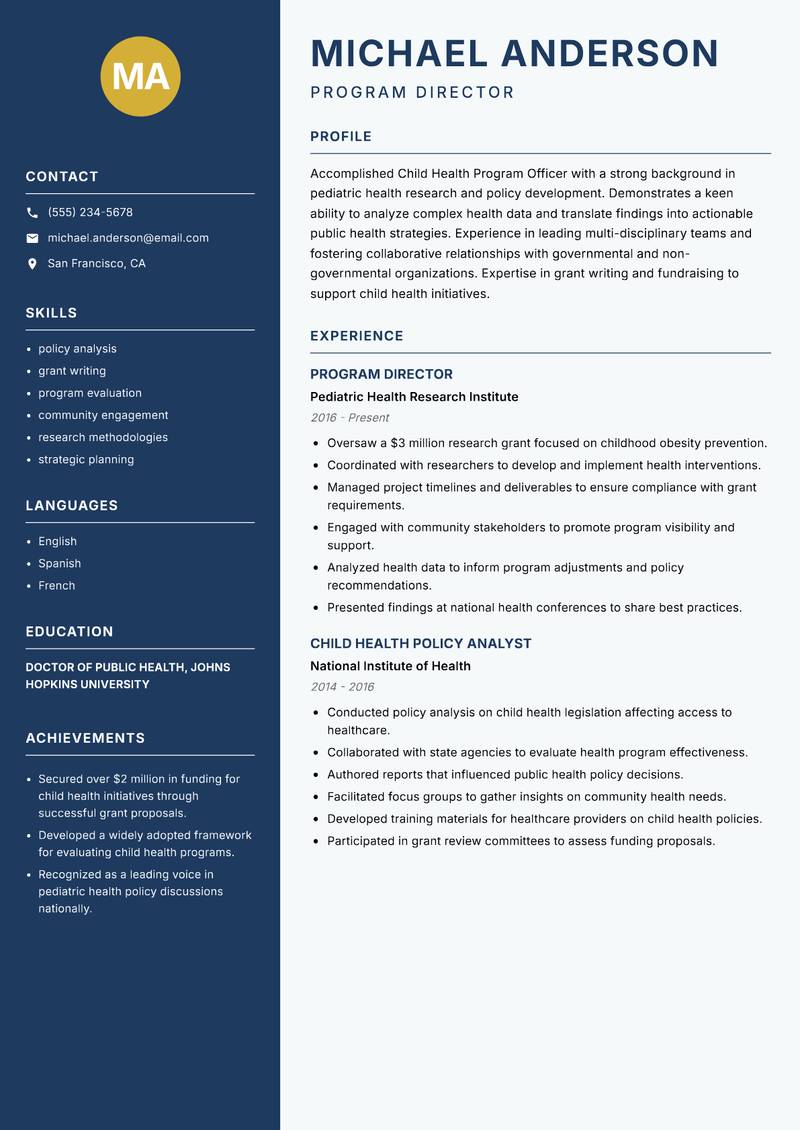 Child Health Program Officer resume sample — Program Director focus