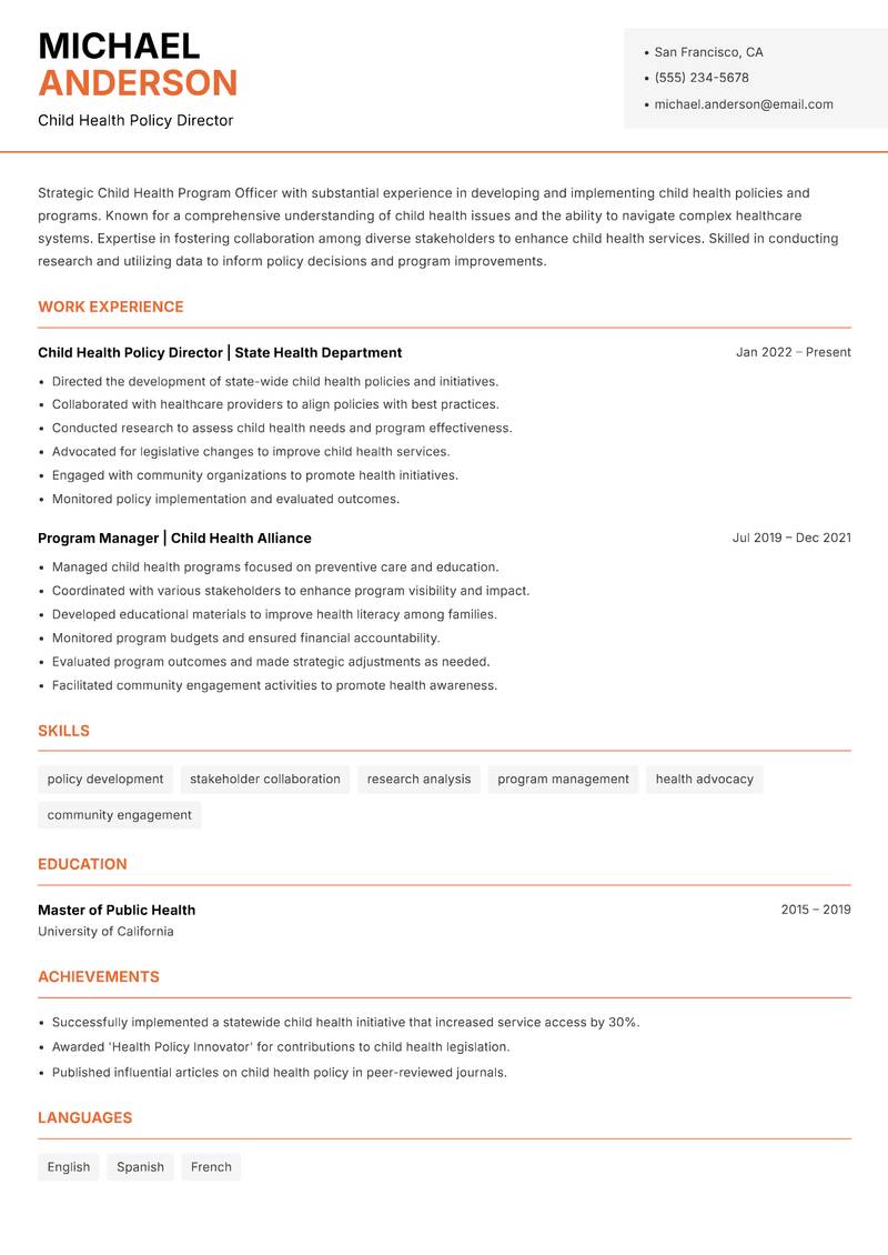 Child Health Program Officer resume sample — Child Health Policy Director focus