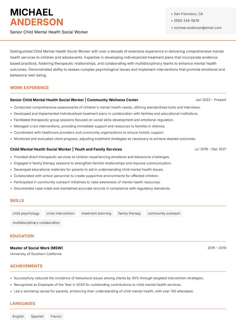 Child Mental Health Social Worker resume sample — Senior Child Mental Health Social Worker focus