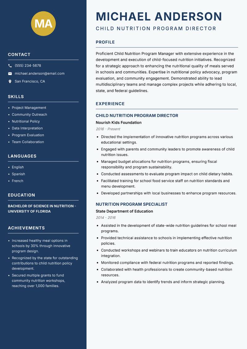 Child Nutrition Program Manager resume sample — Child Nutrition Program Director focus