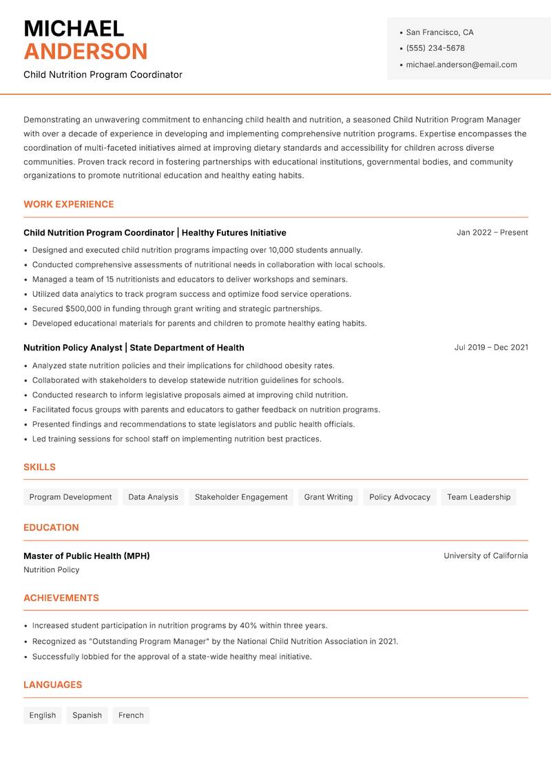 Child Nutrition Program Manager resume sample — Child Nutrition Program Coordinator focus