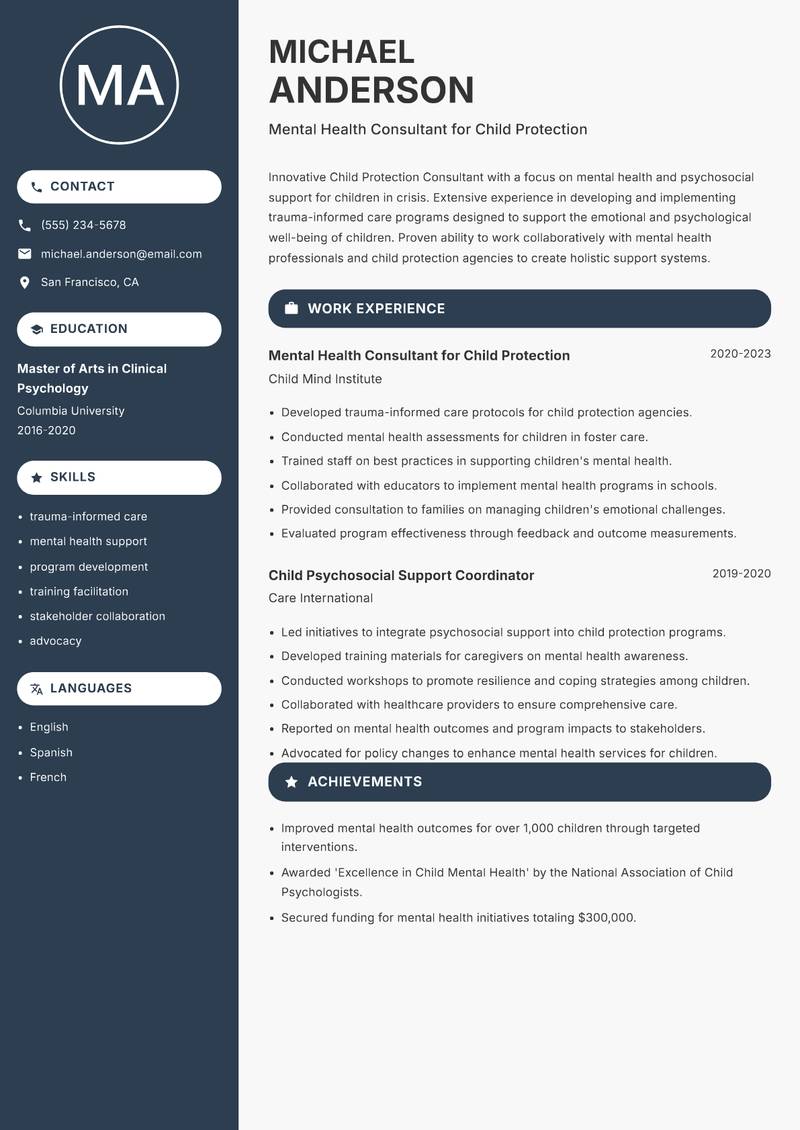 Child Protection Consultant resume sample — Mental Health Consultant for Child Protection focus