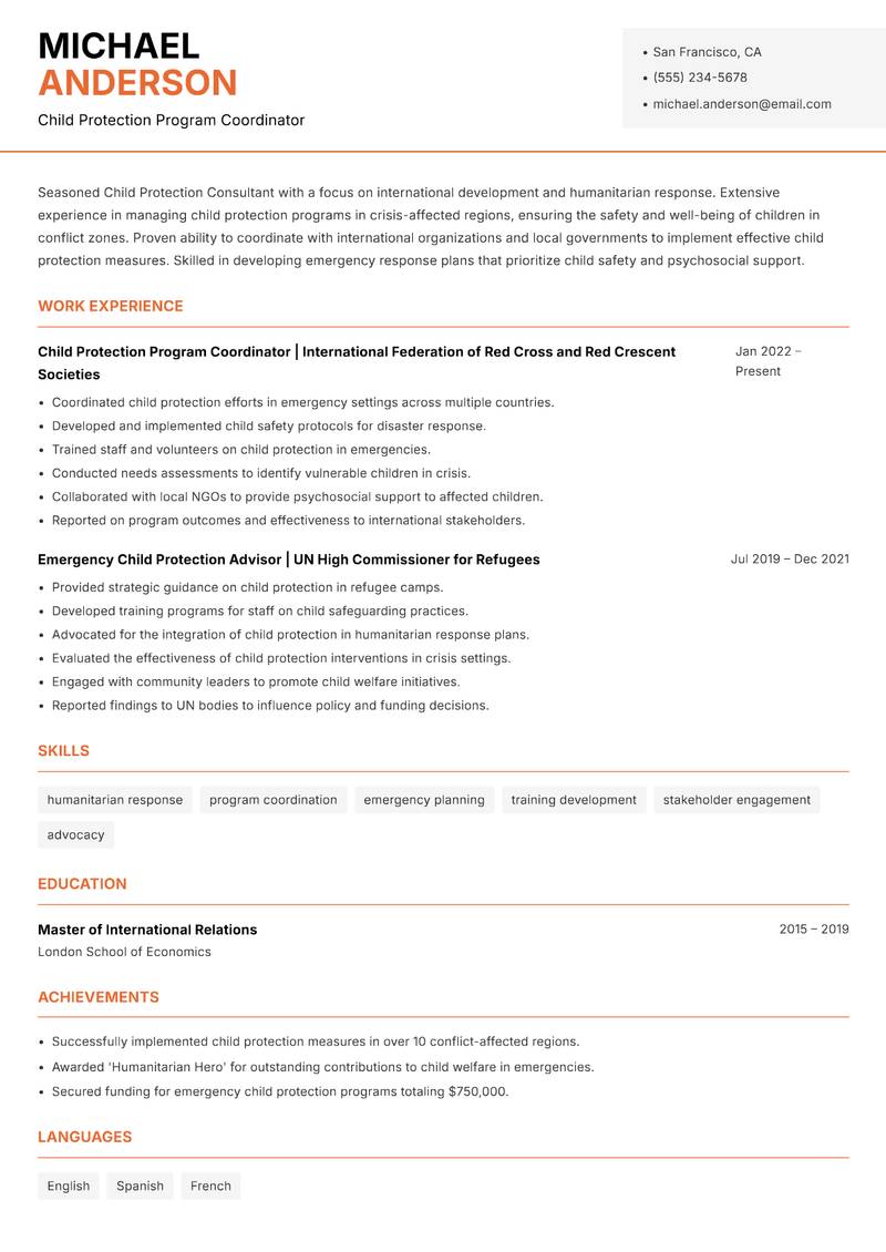 Child Protection Consultant resume sample — Child Protection Program Coordinator focus