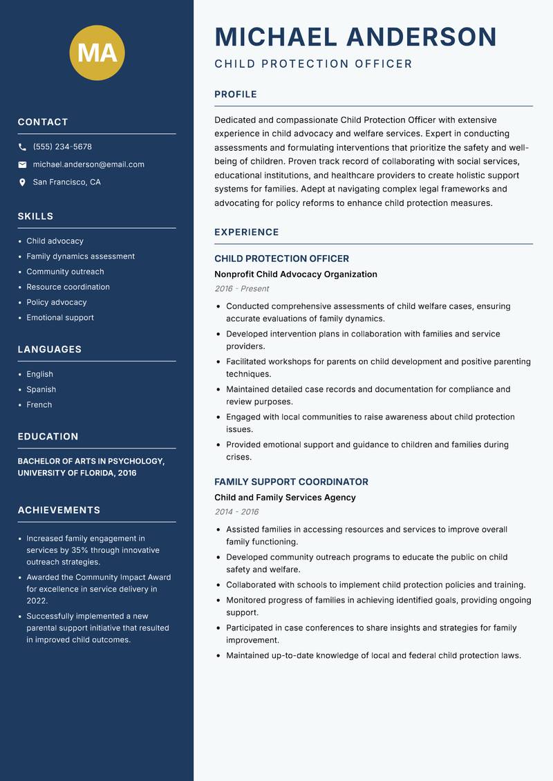 Child Protection Officer resume sample — Child Protection Officer focus