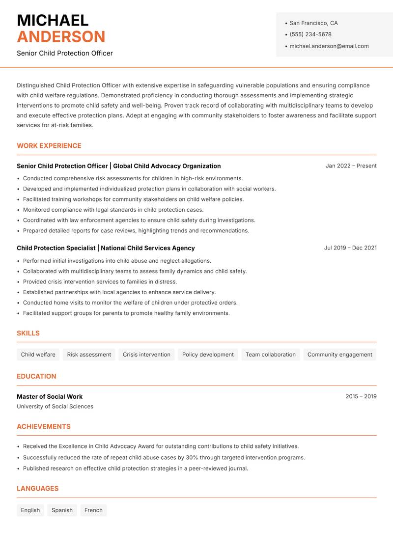 Child Protection Officer resume sample — Senior Child Protection Officer focus