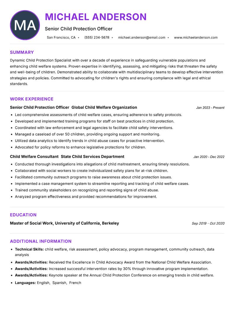 Child Protection Specialist resume example