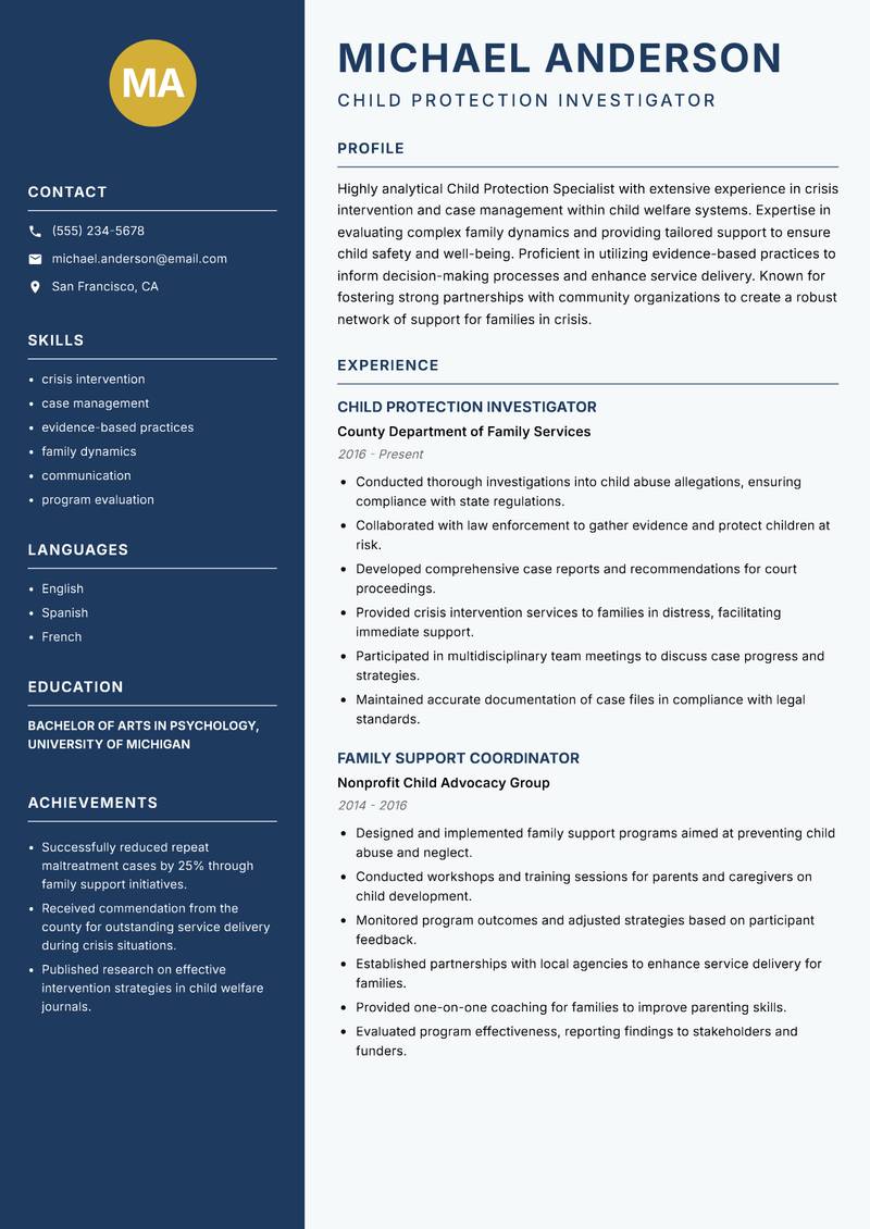 Child Protection Specialist resume sample — Child Protection Investigator focus