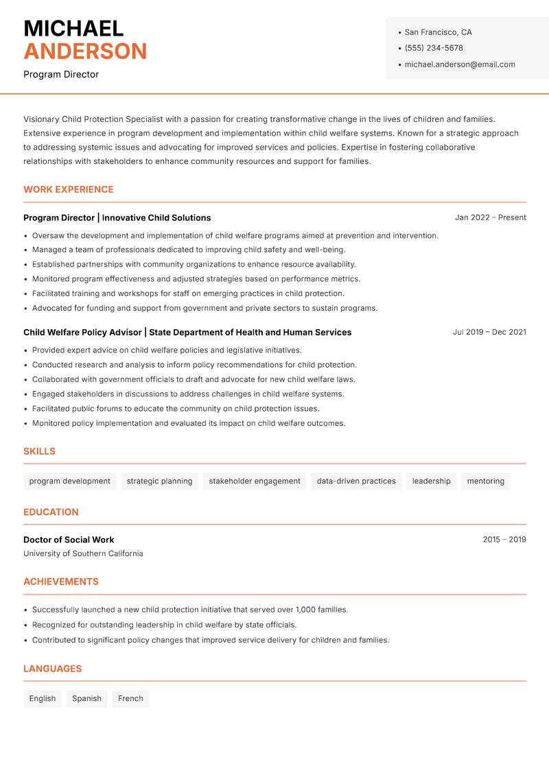 Child Protection Specialist resume sample — Program Director focus