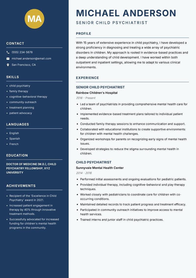 Child Psychiatrist resume sample — Senior Child Psychiatrist focus