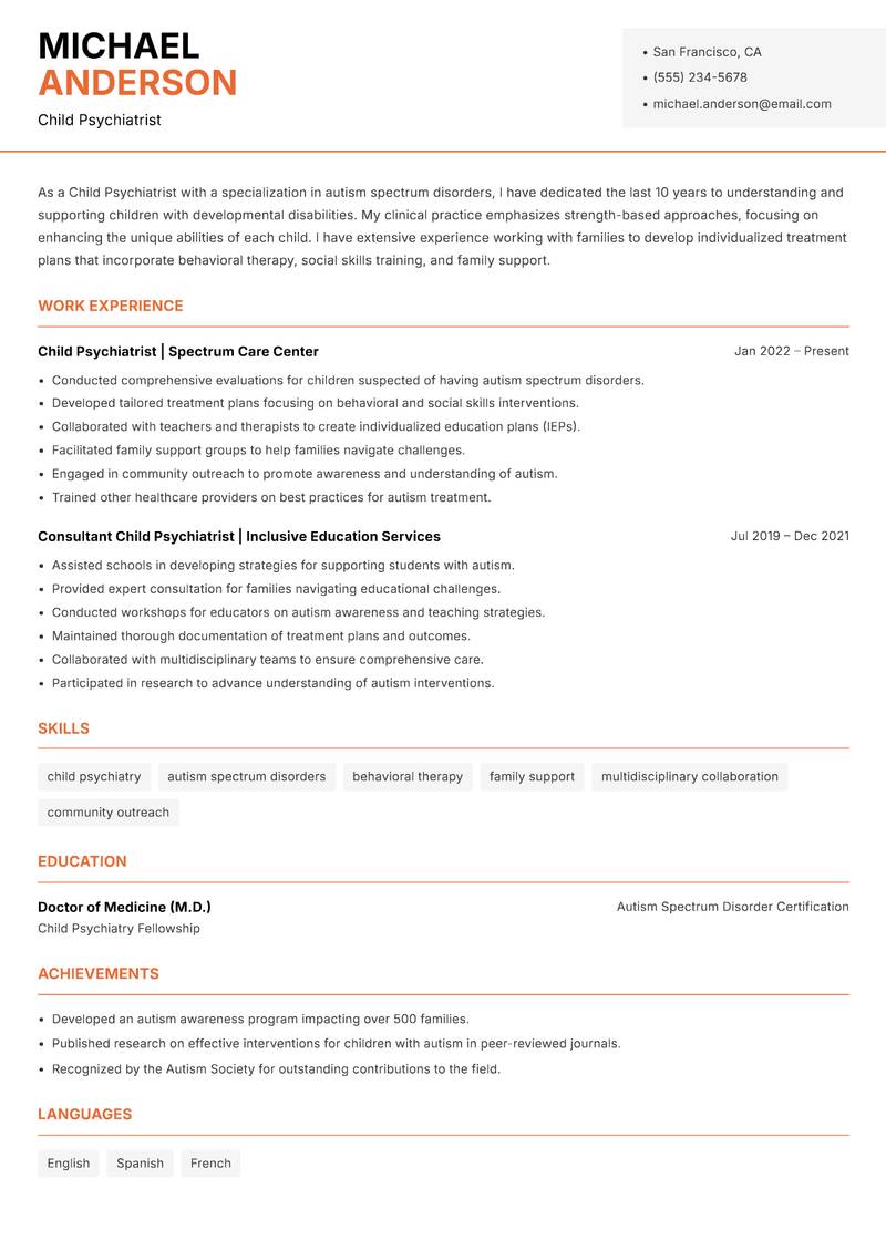 Child Psychiatrist resume sample — Child Psychiatrist focus