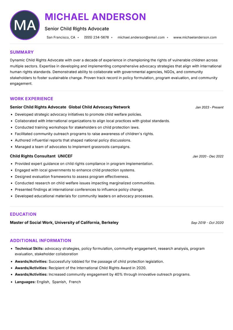 Child Rights Advocate resume example