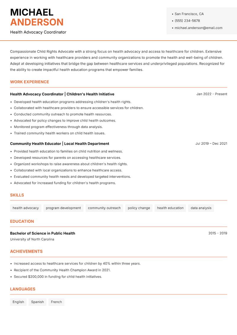 Child Rights Advocate resume sample — Health Advocacy Coordinator focus