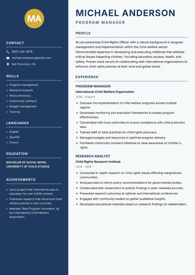 Child Rights Officer resume sample — Program Manager focus