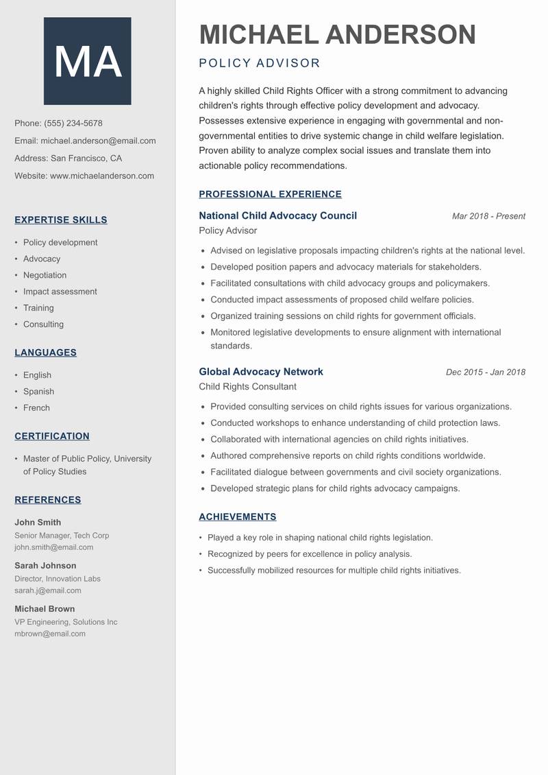 Child Rights Officer resume sample — Policy Advisor focus