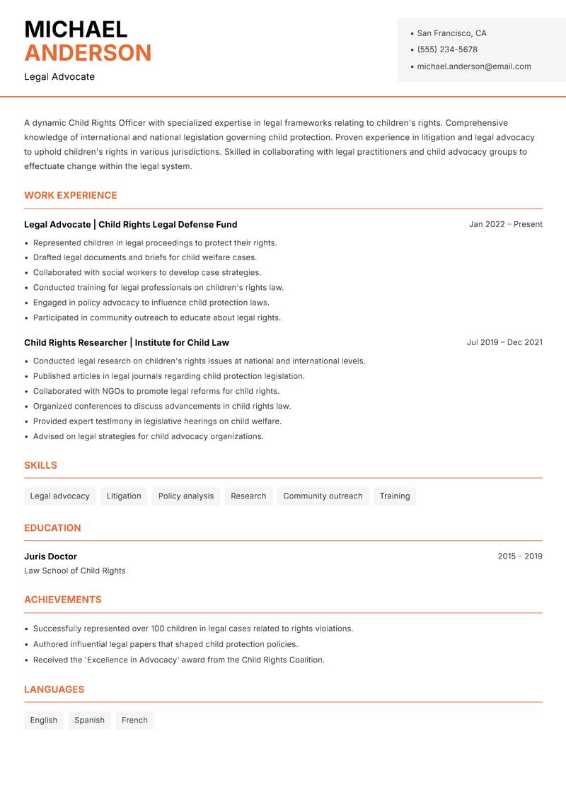 Child Rights Officer resume sample — Legal Advocate focus