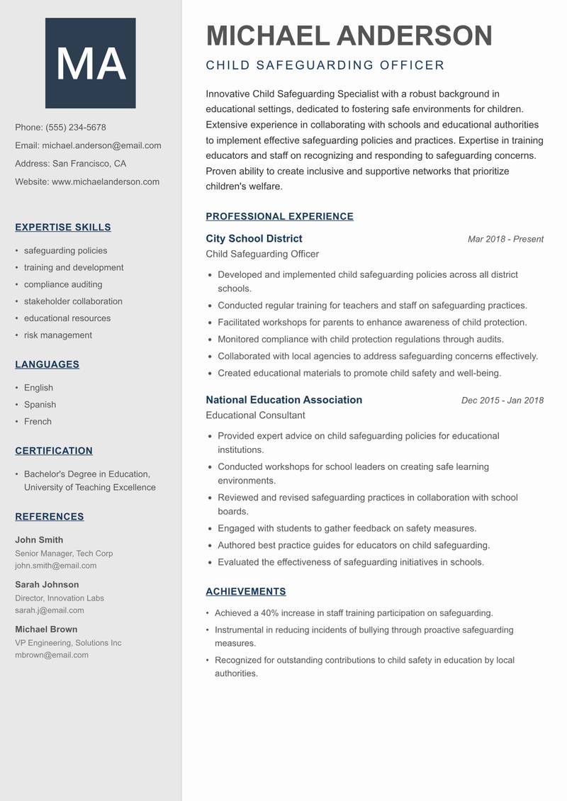 Child Safeguarding Specialist resume sample — Child Safeguarding Officer focus