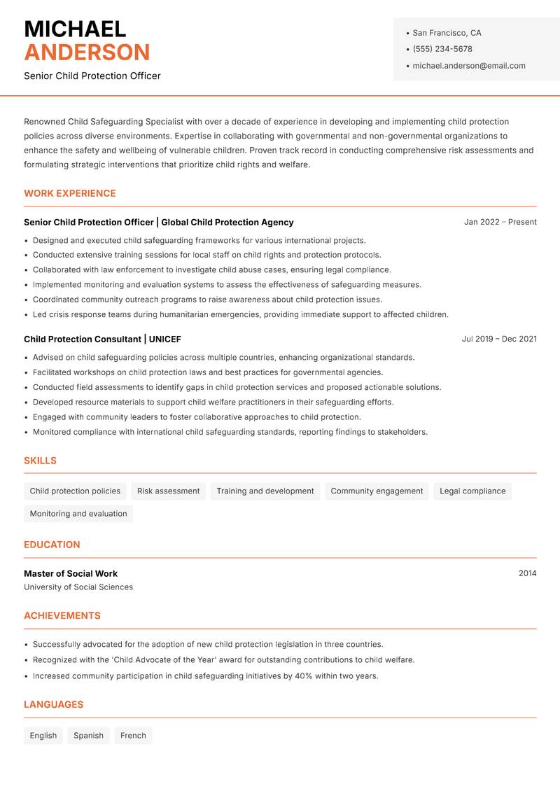 Child Safeguarding Specialist resume sample — Senior Child Protection Officer focus