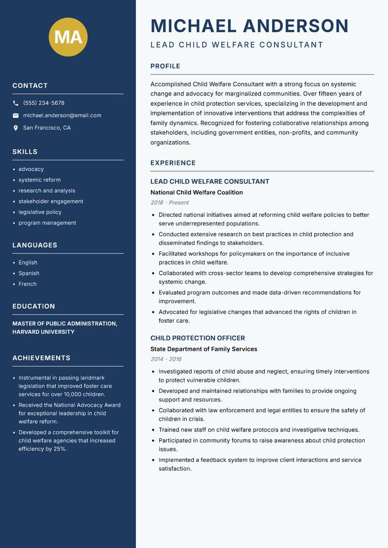 Child Welfare Consultant resume sample — Lead Child Welfare Consultant focus
