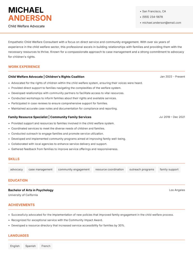 Child Welfare Consultant resume sample — Child Welfare Advocate focus