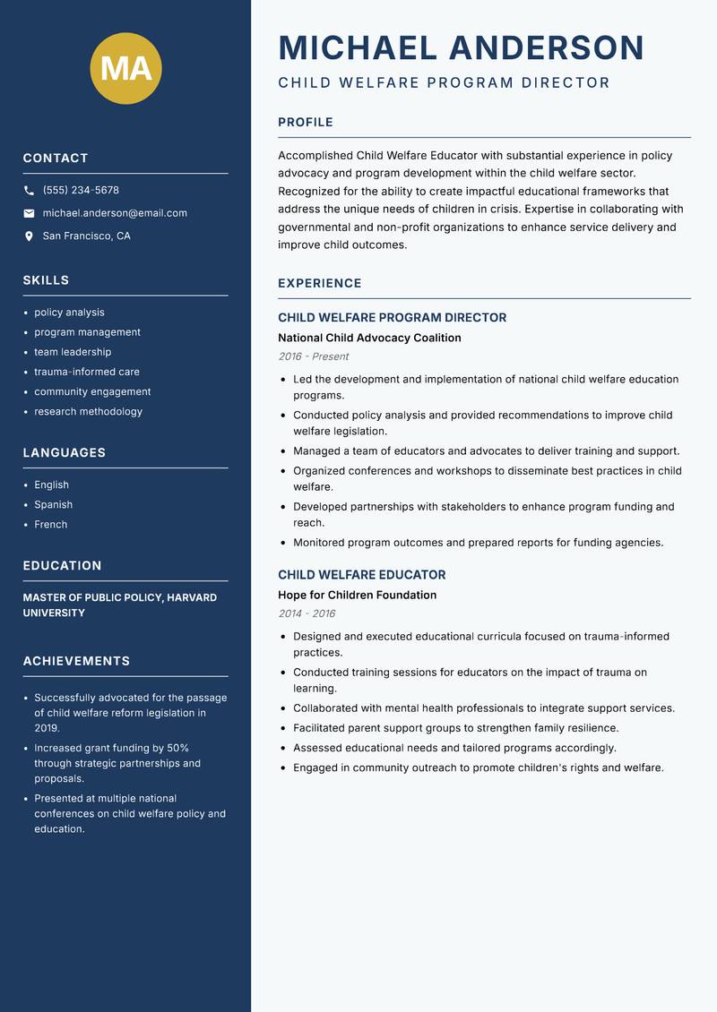 Child Welfare Educator resume sample — Child Welfare Program Director focus