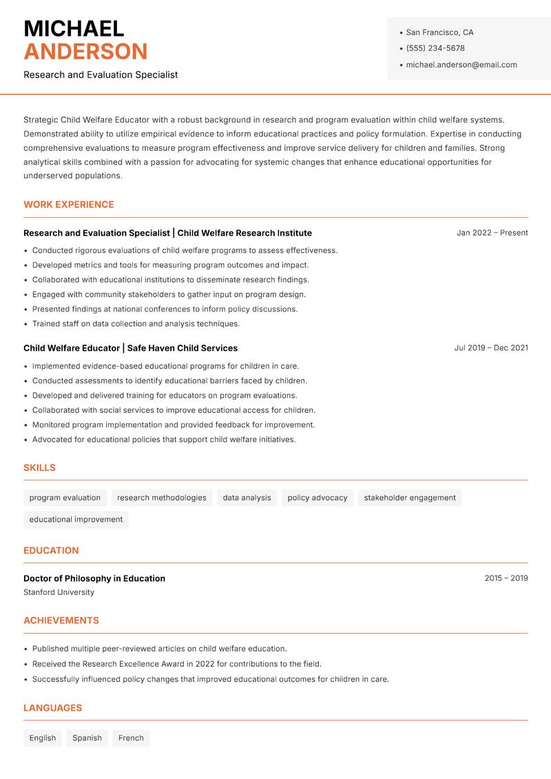 Child Welfare Educator resume sample — Research and Evaluation Specialist focus