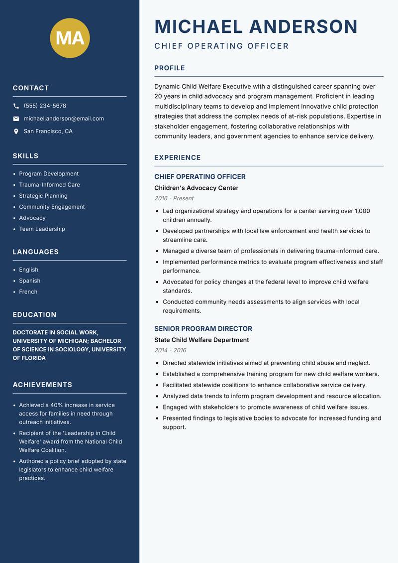 Child Welfare Executive resume sample — Chief Operating Officer focus