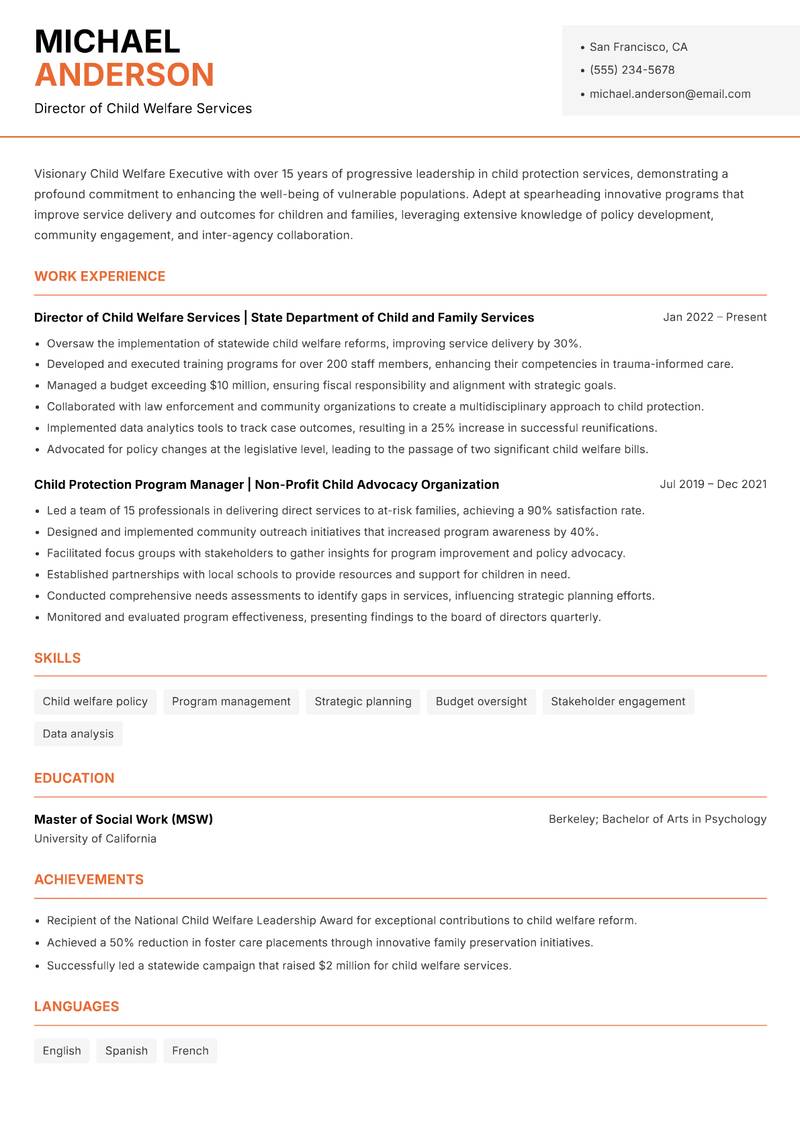 Child Welfare Executive resume sample — Director of Child Welfare Services focus