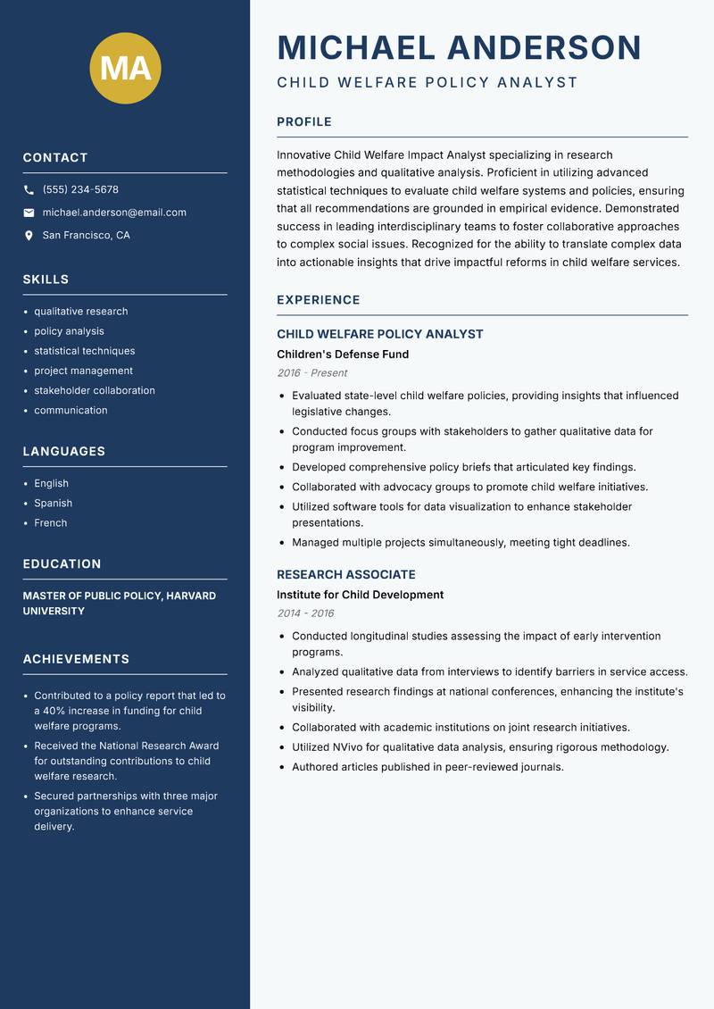 Child Welfare Impact Analyst resume sample — Child Welfare Policy Analyst focus