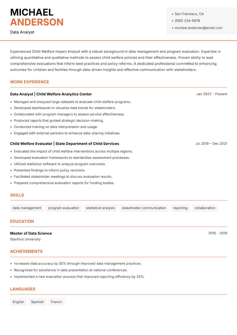 Child Welfare Impact Analyst resume sample — Data Analyst focus