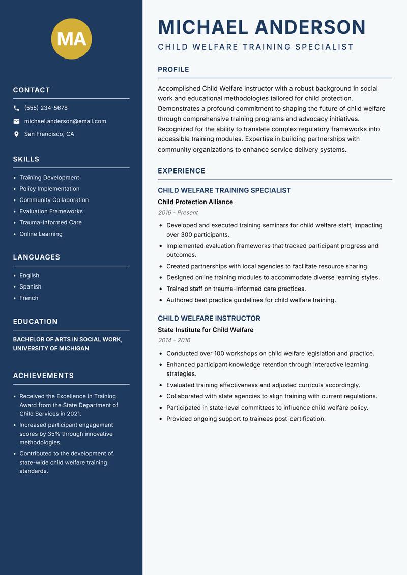 Child Welfare Instructor resume sample — Child Welfare Training Specialist focus