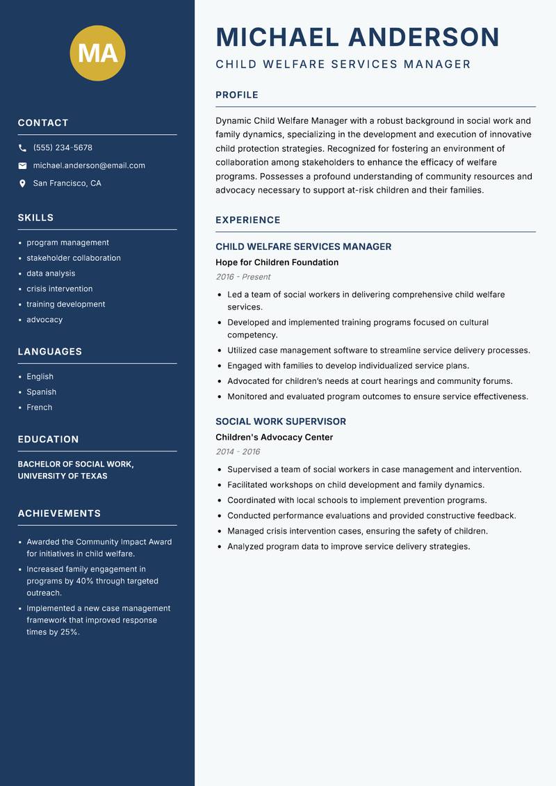 Child Welfare Manager resume sample — Child Welfare Services Manager focus
