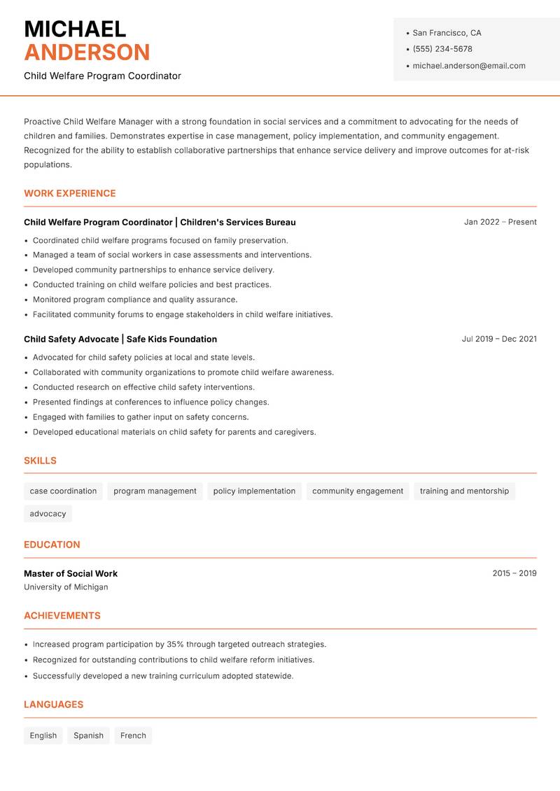Child Welfare Manager resume sample — Child Welfare Program Coordinator focus