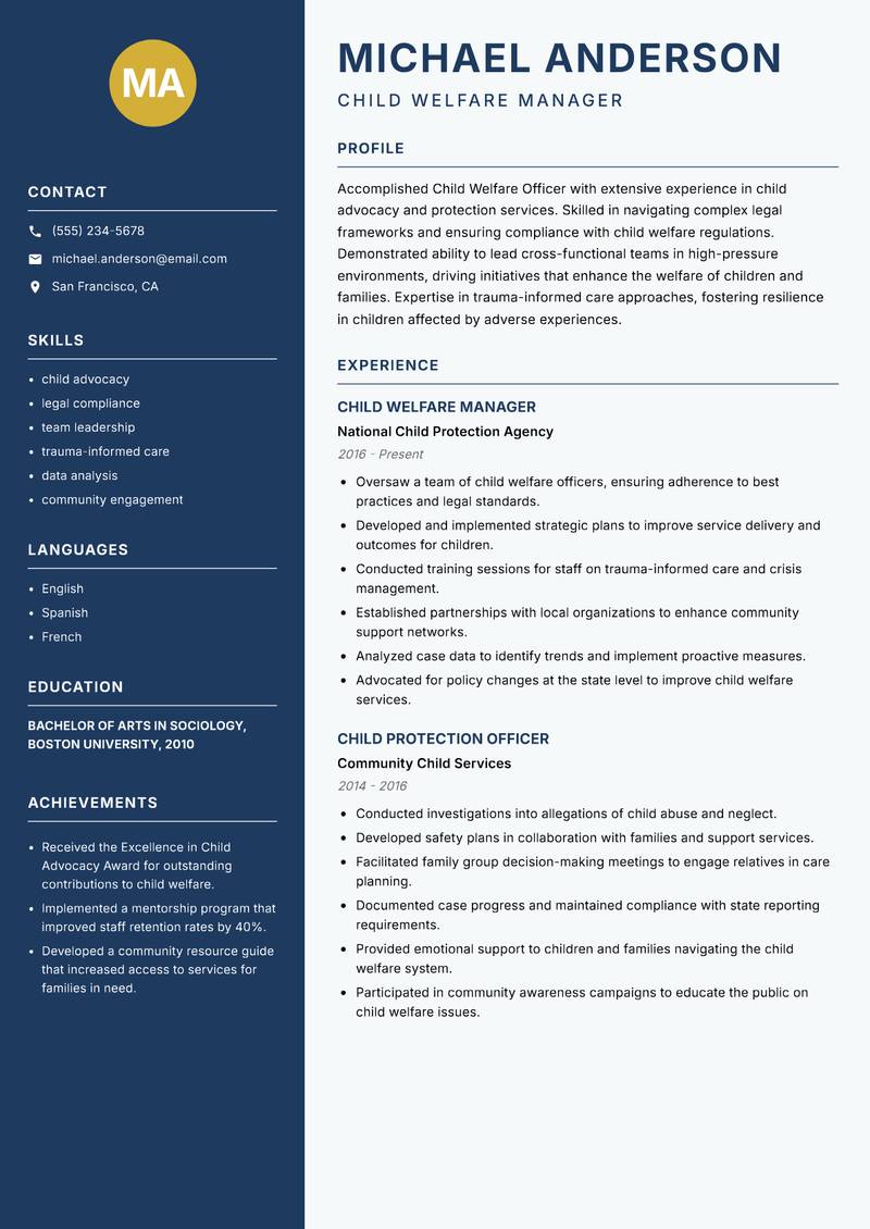 Child Welfare Officer resume sample — Child Welfare Manager focus