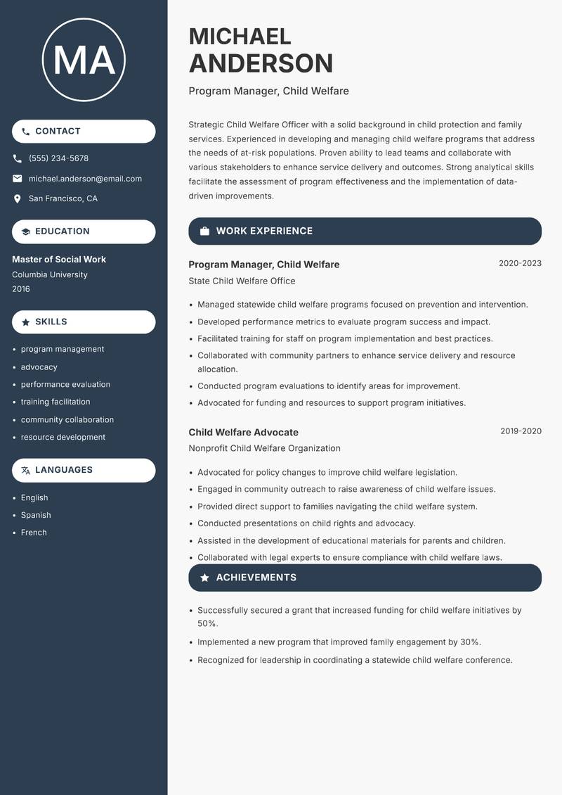 Child Welfare Officer resume sample — Program Manager, Child Welfare focus