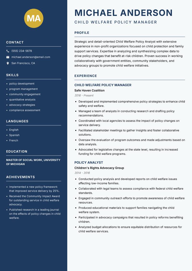 Child Welfare Policy Analyst resume sample — Child Welfare Policy Manager focus